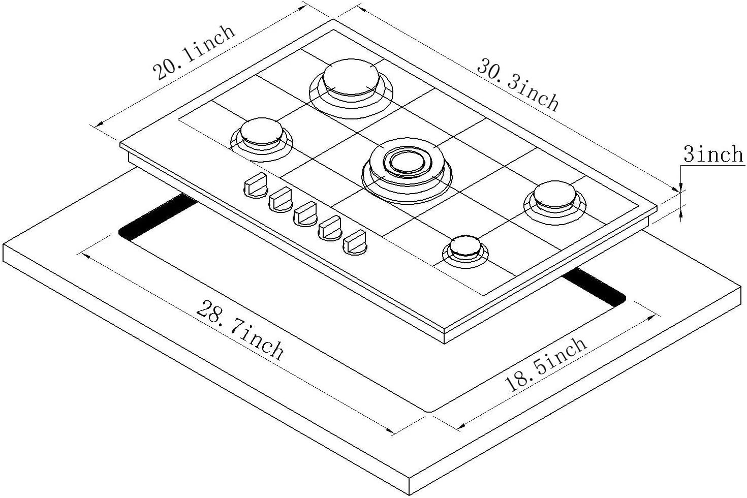 Gas Cooktop 30 Inch, Stainless Steel 5 Burners Built-in Gas Stovetop Propane/Natural Gas Convertible Stove Top Dual Fuel Gas Hob - Image 4
