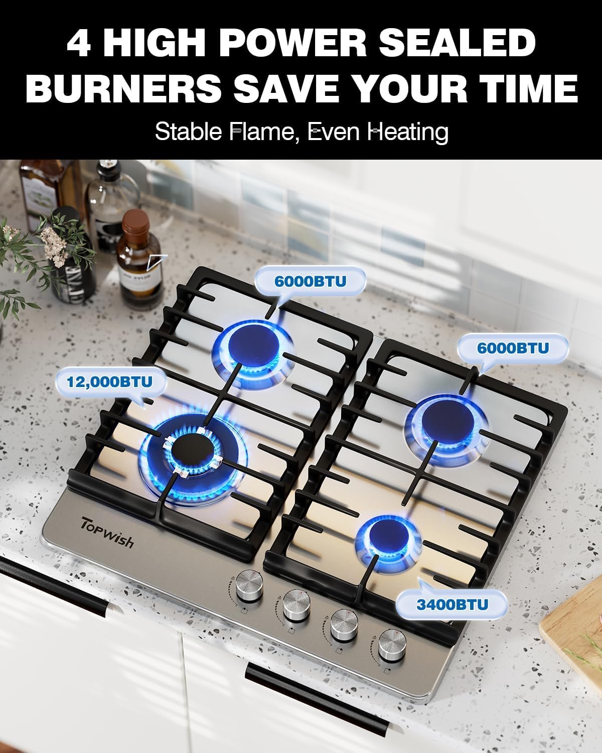 24 Inch Gas Cooktop, 4 Burner Gas Stove Top 27,400 BTU, NG/LPG Convertible, Stainless Steel Gas Stovetop with Thermocouple Protection,120V AC - Image 2