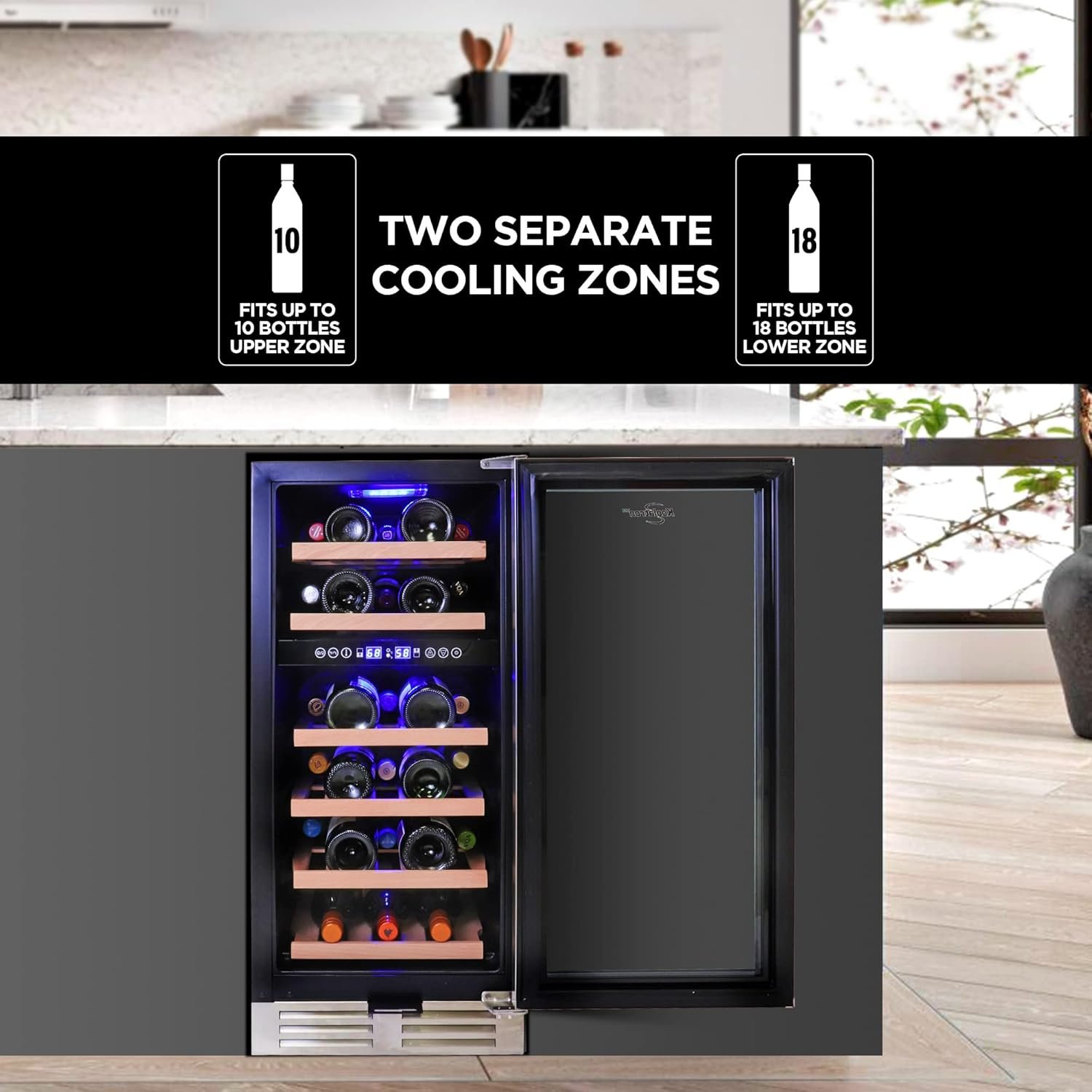 Koolatron Wine Fridge - Under Counter Wine Cooler, 28 Bottle Chiller, Built in Wine Cabinet for Champagne, Red & White Wine, Bar, Dual Zone Freestanding Cellar, Stainless Steel - Image 3