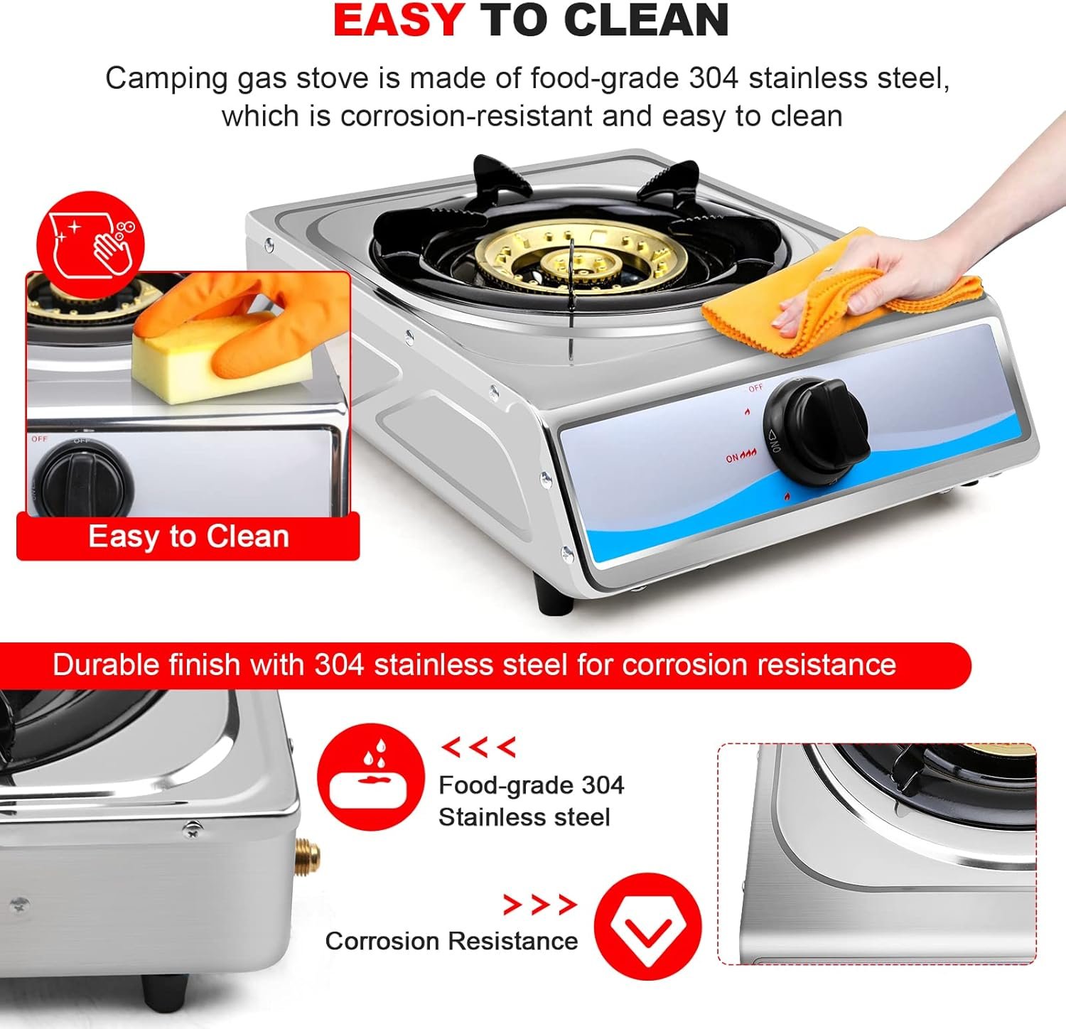 Propane Gas Cooktop,Single Burner Gas Stove Stainless Steel Portable Gas Stove,Auto Ignition Camping Single Burner LPGfor RV, Apartments, Outdoor - Image 4