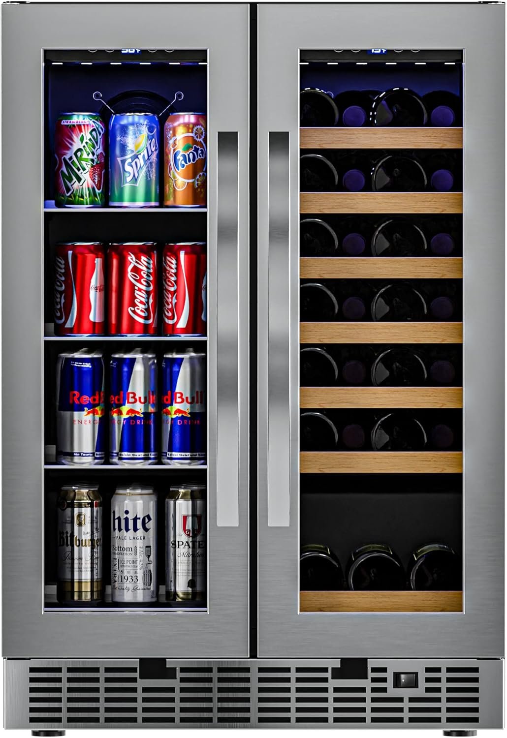 KoolMore 24 Inch Dual Zone Wine Cooler and Beverage Refrigerator with Cool Temperature Control, LED Touch Display, and Adjustable Shelves, Holds up to 21-Bottles and 60-Cans (KM-CWB1830-SS),Silver