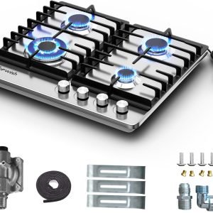 24 Inch Gas Cooktop, 4 Burner Gas Stove Top 27,400 BTU, NG/LPG Convertible, Stainless Steel Gas Stovetop with Thermocouple Protection,120V AC