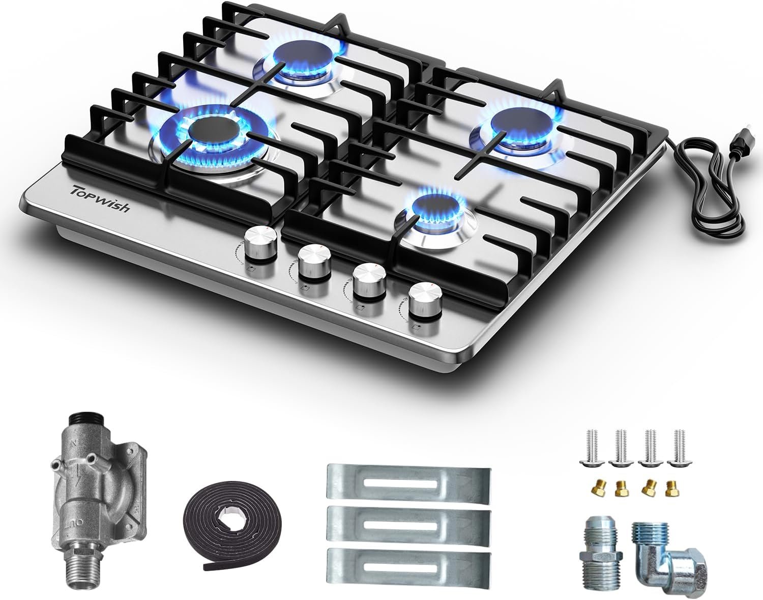 24 Inch Gas Cooktop, 4 Burner Gas Stove Top 27,400 BTU, NG/LPG Convertible, Stainless Steel Gas Stovetop with Thermocouple Protection,120V AC