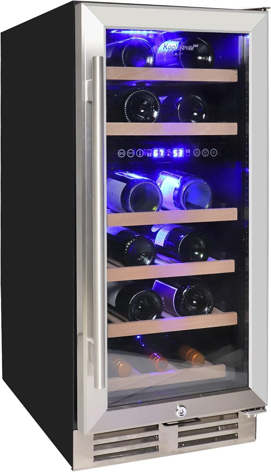Koolatron Wine Fridge - Under Counter Wine Cooler, 28 Bottle Chiller, Built in Wine Cabinet for Champagne, Red & White Wine, Bar, Dual Zone Freestanding Cellar, Stainless Steel