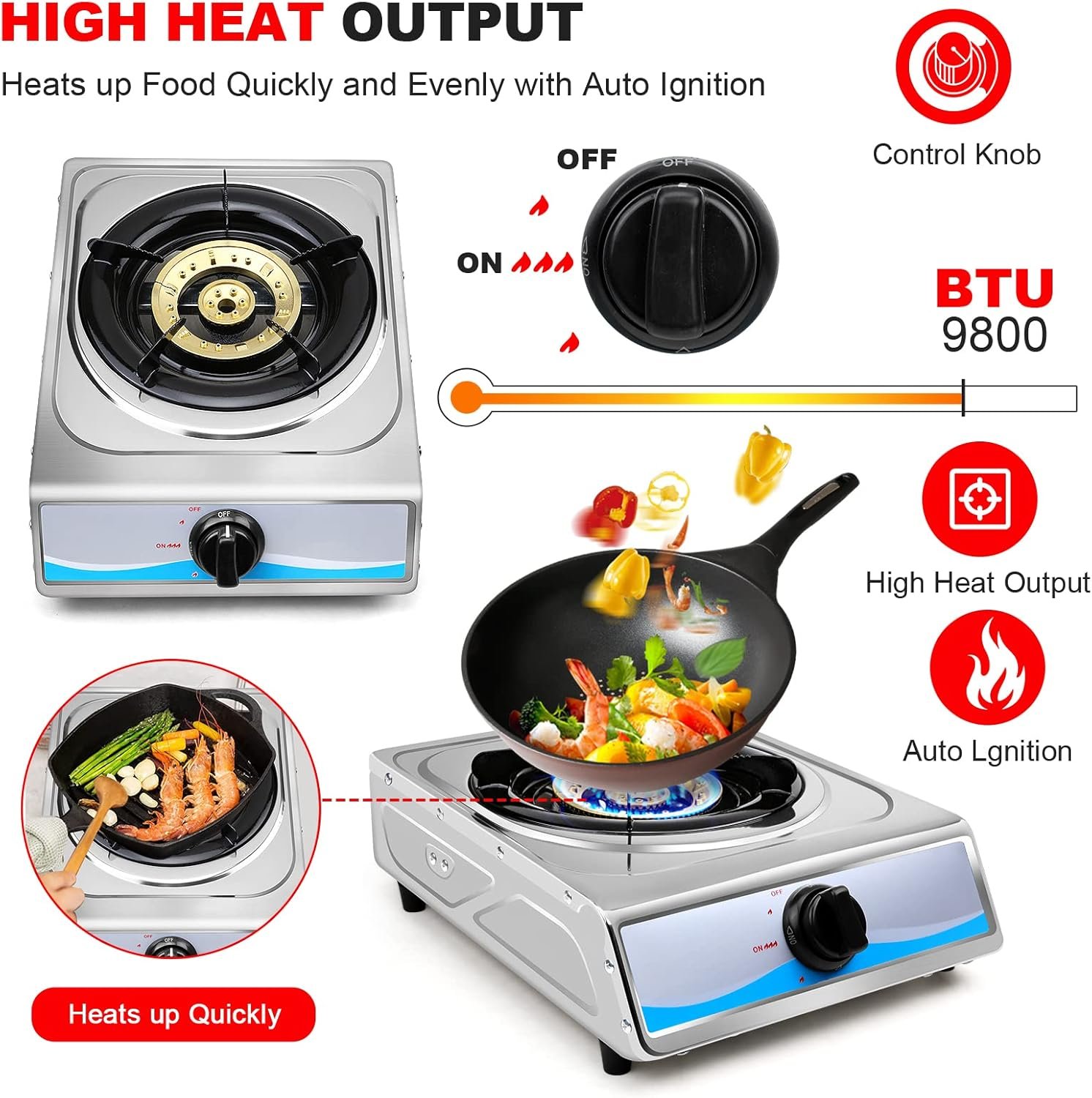 Propane Gas Cooktop,Single Burner Gas Stove Stainless Steel Portable Gas Stove,Auto Ignition Camping Single Burner LPGfor RV, Apartments, Outdoor - Image 3