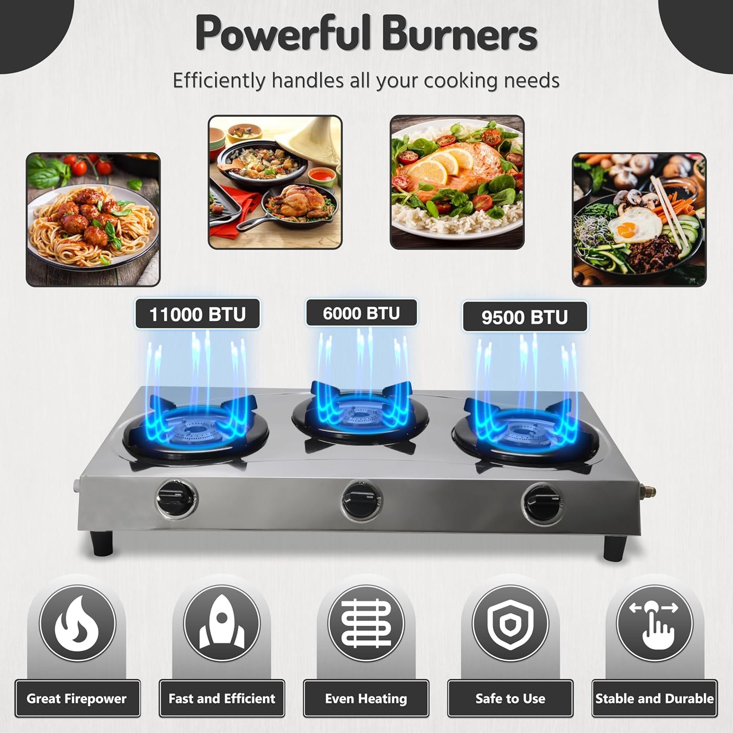 3 Burner Propane Stove -Stainless Steel RV Cooktop Camping Stove - Portable Propane Stove Gas Burners For Cooking Outdoor Grilling Kitchen-With Hose & Regulator Gas Burners for Cooking Indoor…… - Image 3