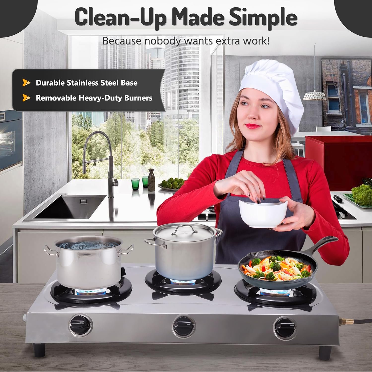 3 Burner Propane Stove -Stainless Steel RV Cooktop Camping Stove - Portable Propane Stove Gas Burners For Cooking Outdoor Grilling Kitchen-With Hose & Regulator Gas Burners for Cooking Indoor…… - Image 9