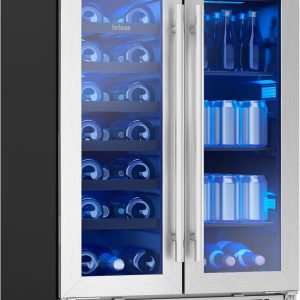 Zephyr Brisas 24 Inch Wine Fridge Dual Zone Under Counter Countertop Wine and Beverage Cooler Cabinet Home Bar Drink Beer Freestanding Refrigerator with French Door 21 Bottles 64 cans