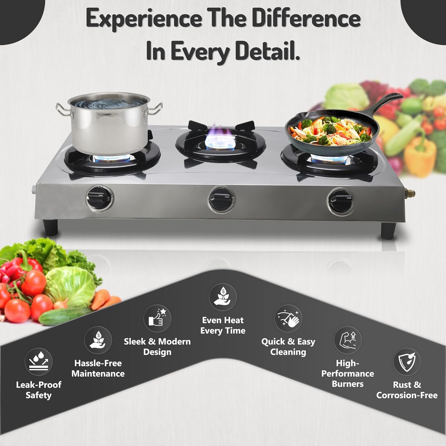 3 Burner Propane Stove -Stainless Steel RV Cooktop Camping Stove - Portable Propane Stove Gas Burners For Cooking Outdoor Grilling Kitchen-With Hose & Regulator Gas Burners for Cooking Indoor…… - Image 7